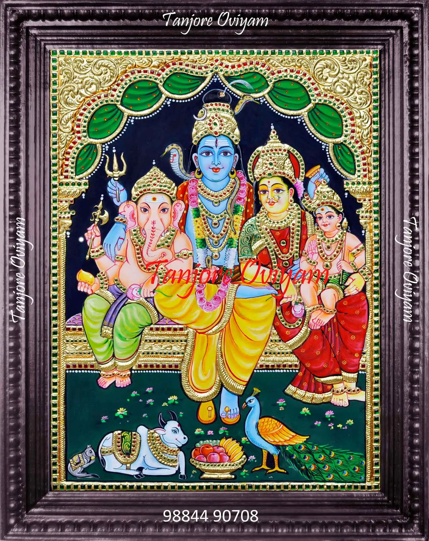 Lord Shiva Family Painting with Shiva, Parvati, Ganesha, and Murugan in Tanjore Art